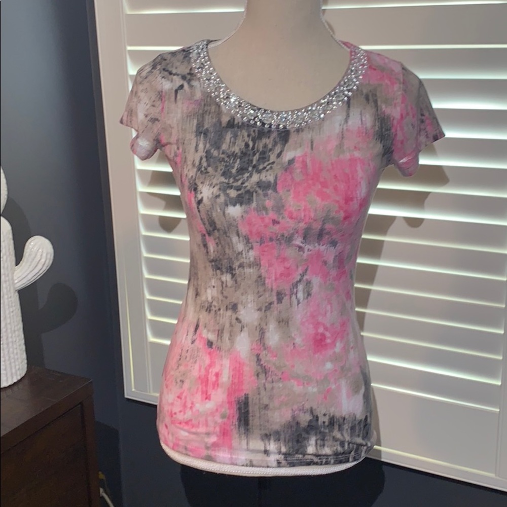 Sz XS INC Pink/Gray Top w/Jeweled Neckline